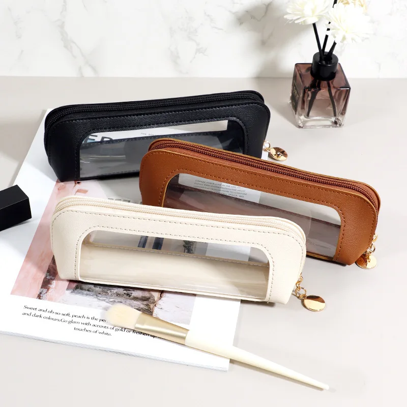 PU Pencil Case Portable Waterproof Transparent Cosmetic Bag Zipper Travel Makeup Brush Storage Bag Sundries Organizers Pouch