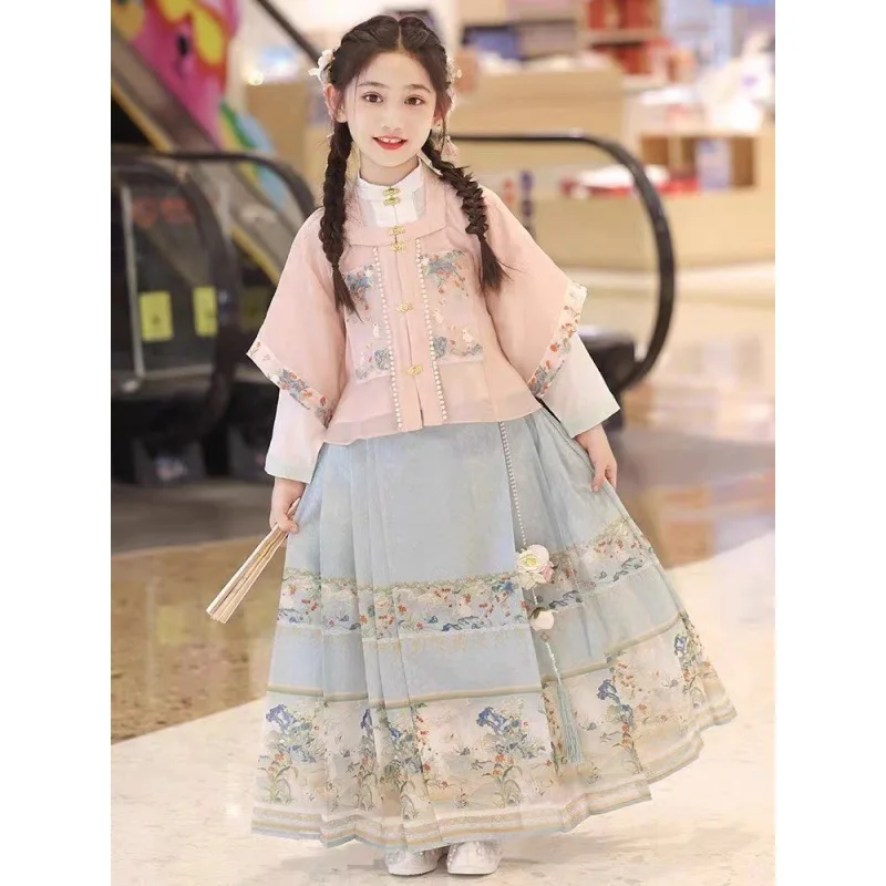 Falda de cara de caballo de estilo nacional para niña, trajes de ropa china Han, dulce y elegante, alta gama, Otoño, nuevo, 2024