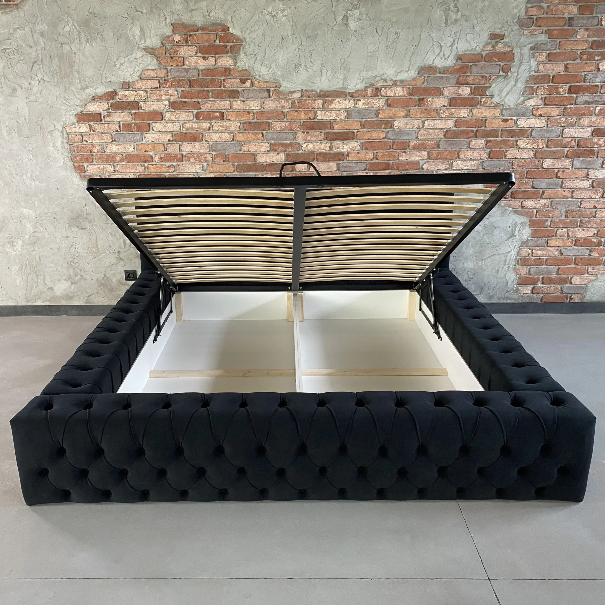 Poland Modern Queen Metal Bed Frame with 4 Storage Drawers Upholstered Platform Bed Frame with Button Tufted Headboard