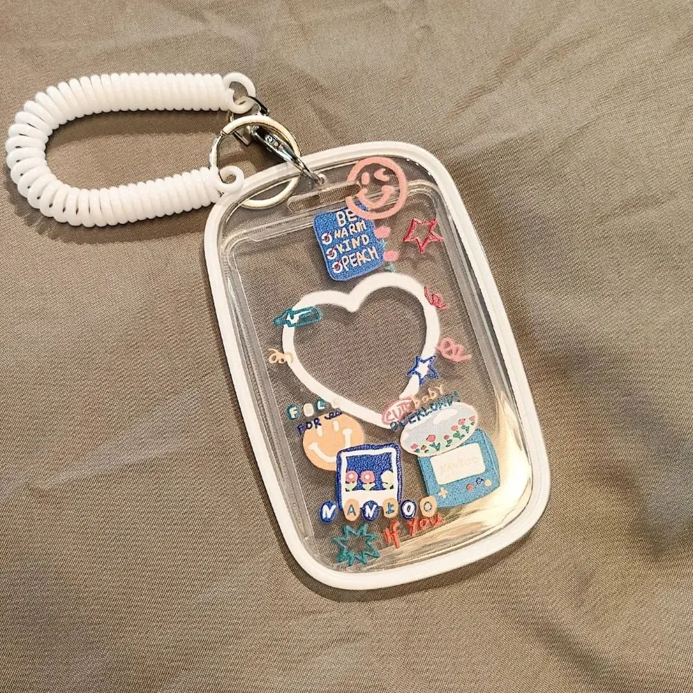 

Sweet Pink Transparent Card Holder Transparent Doodle Card Case Keyring Access Control Kawaii Pattern Students Bus Card Cover