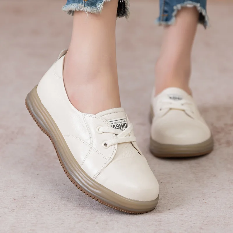 GKTINOO Women Sneakers 2024 Spring New Genuine Leather Loafers Women Casual Lace-up Women\'s Flats White Shoes