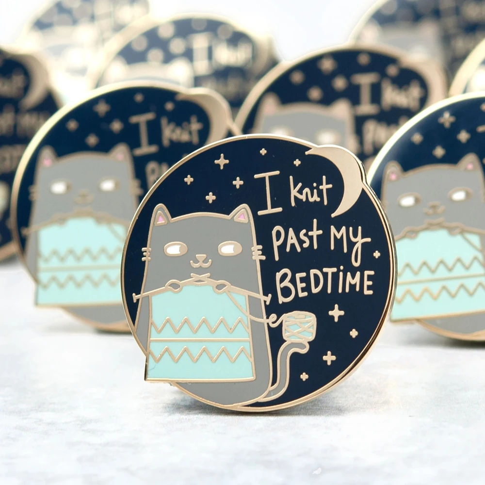 Funny I Knit Past My Bedtime Cats Golden Enamel Pin Kawaii Cat Knitting Blue Brooch Yarn Lovers Gift Fashion Lapel Hat Decor