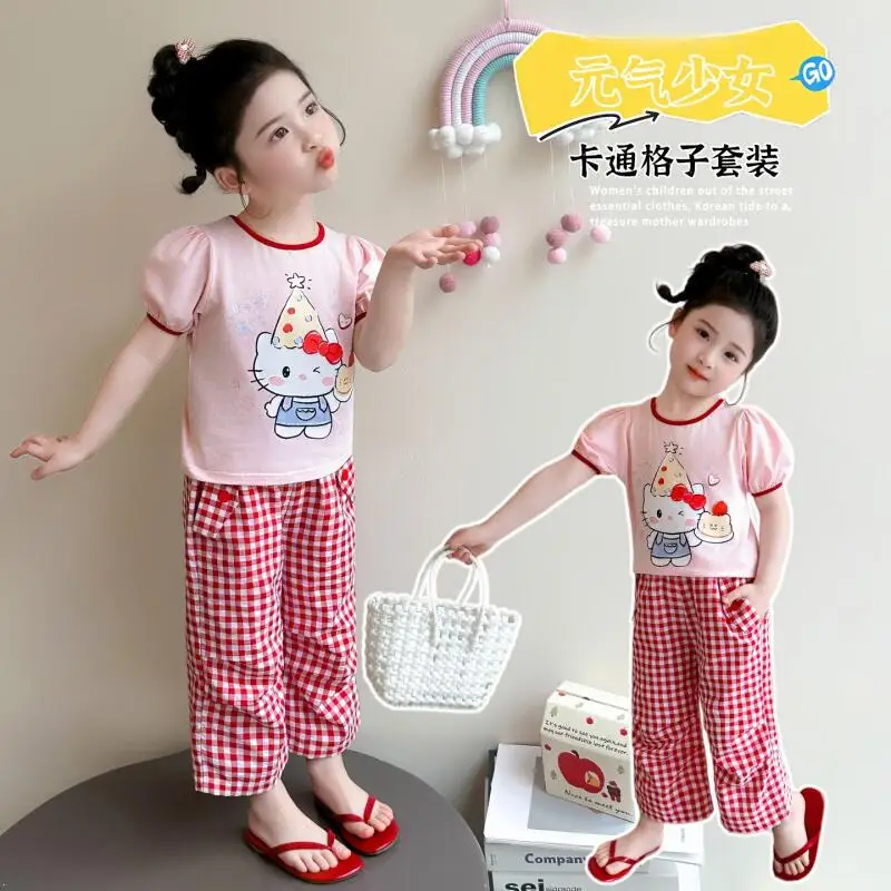 

Детский летний комплект: футболка с коротким рукавом и широкие брюки для девочек, новый стильный комплект из двух предметов с бантом, мягкий и удобный.