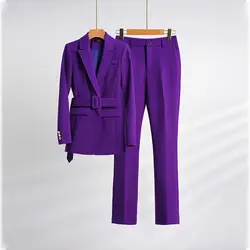 Purple Long Suit Jacket and Trousers 2-piece Belt Women's Spring and Autumn 2024 New Waist Set High Fashion Temperament Suit