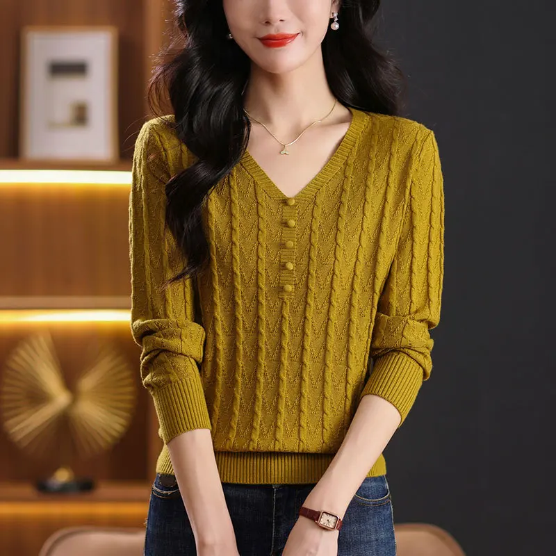 Women's Knitting Sweater Pullover Autumn Winter V-neck Long Sleeve Elegant Female Jumper Bottoming Shirt Ladies Knitwear Top