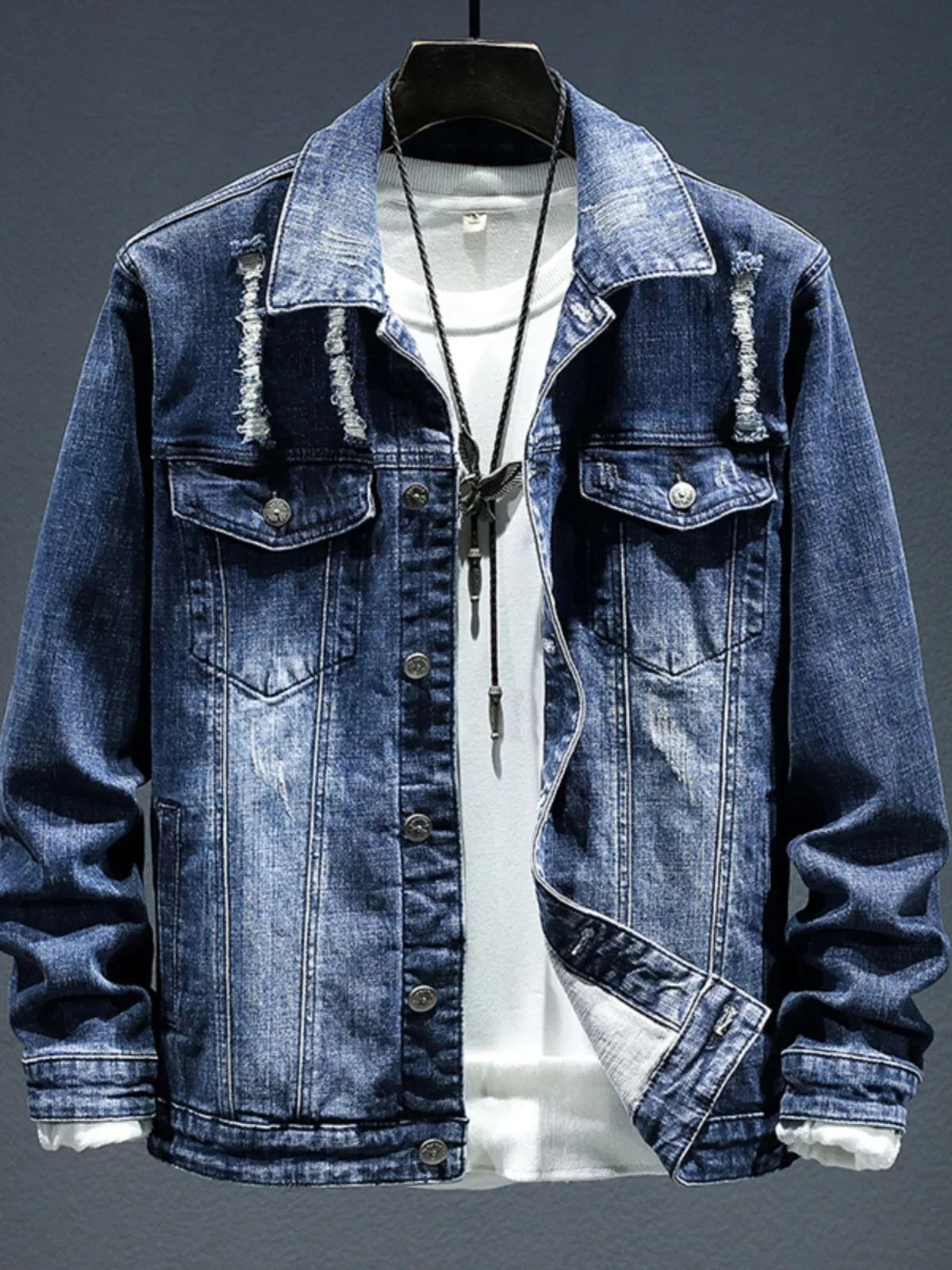 

Stylish Men's Embroidered Ripped Denim Jacket Slim Fit Trendy Versatile Clothes Male Jacket Coat Spring Autumn Wear