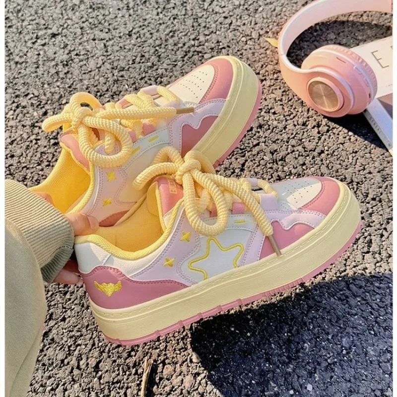 SHANPA Sweet Pink Womens Sports Shoes Korean Style Fashion Kawaii Patchwork Women Sneakers Casual Lightweight Lace Shoes