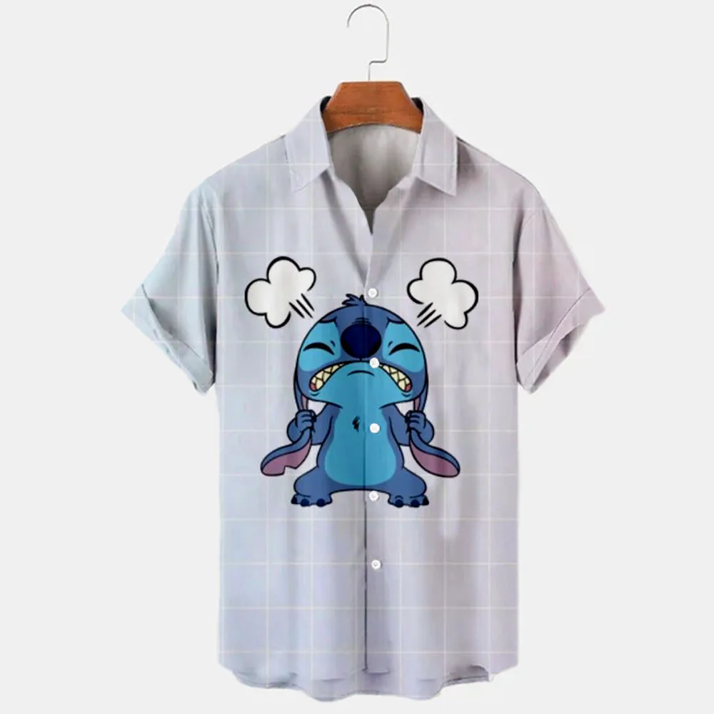 Verão 2022 nova disney stitch marca dos desenhos animados casual estilo de praia 3d impresso manga curta camisa lapela magro ajuste masculino topo