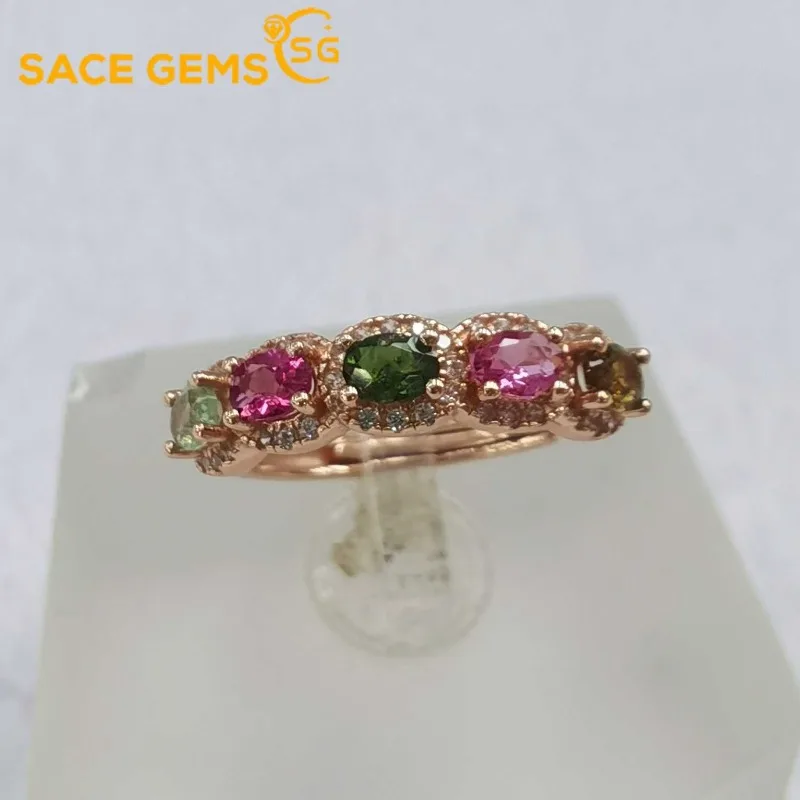 

SACE GEMS New 925Sterling Silver 3*4MM Natural Tourmaline Gemstone Rings for Women Engagement Cocktail Party Fine Jewelry Gift