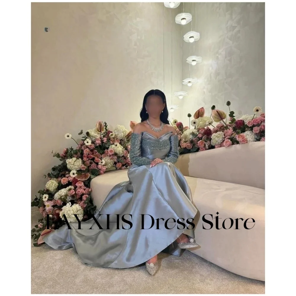 LAYXHS Olśniewające Sukienki Wieczorowe z Odkrytymi Ramionami, Długie Rękawy, Linia A, Sukienki Balowe z Koralikami, Szyte na Miarę فساتين سهرات