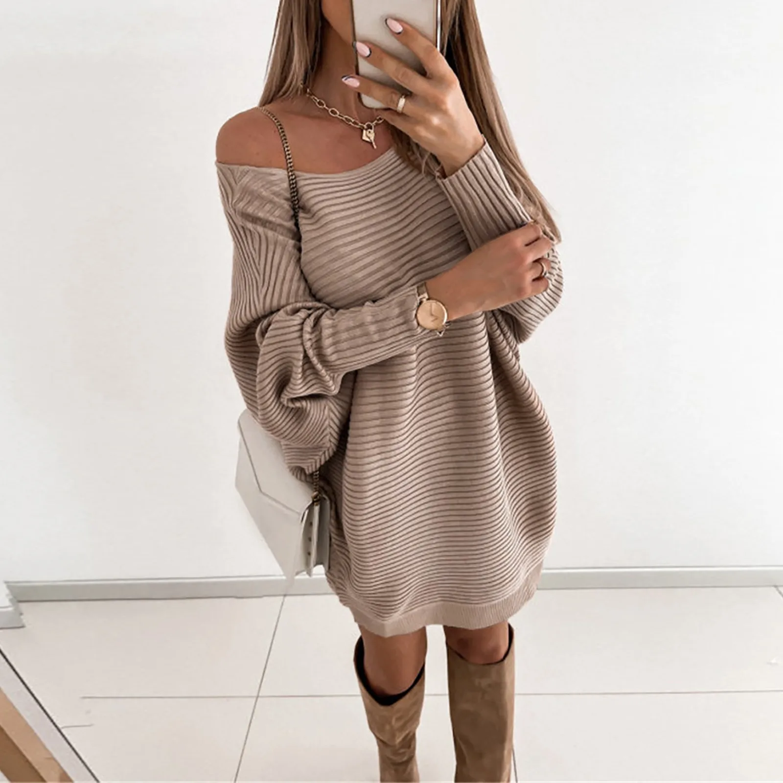 

Loose Fit Plaid Off Shoulder Sweatshirt Dress Casual Long Sleeve Daily Knitted Mini Dresses Commute Comfy Fashion Dress Women