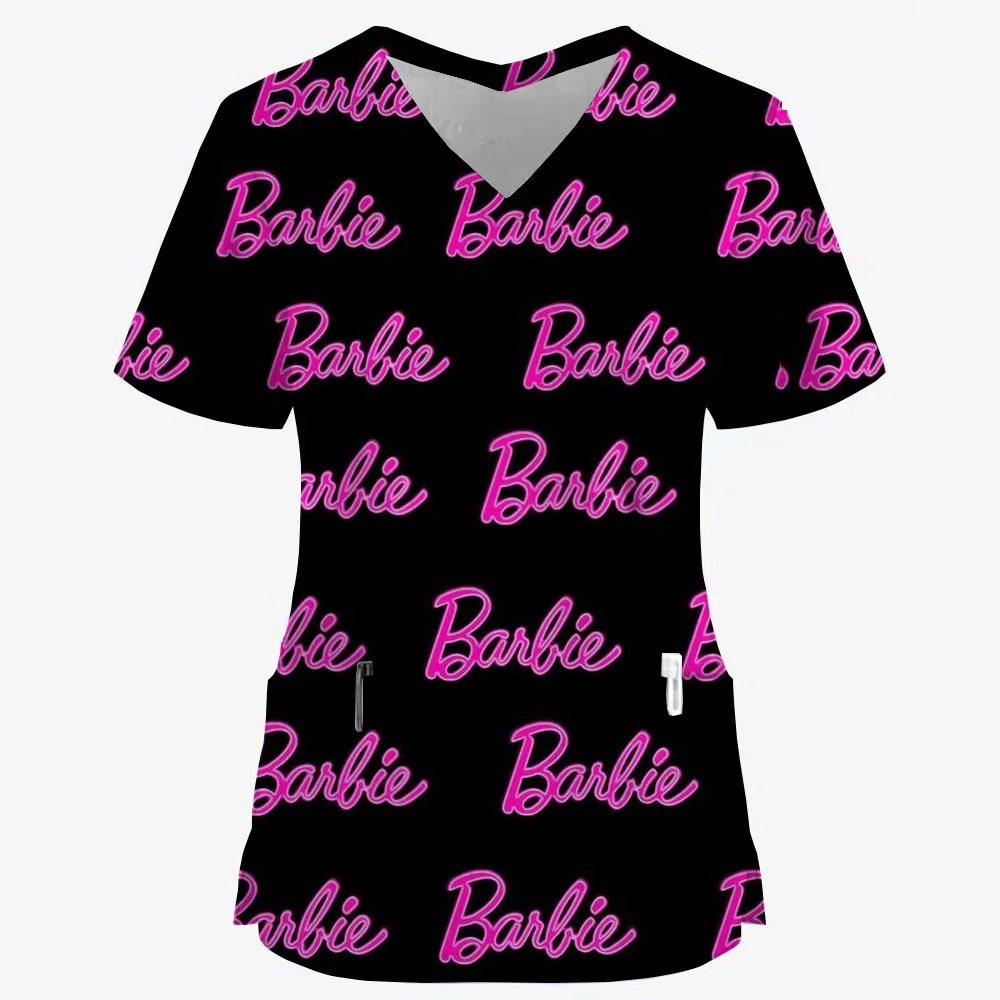 Nurse Uniforms Women Barbie Print Short Sleeve Scrubs Working Medical Blouse Overalls Uniforms Medical Nursing Spa Pet Dentistry