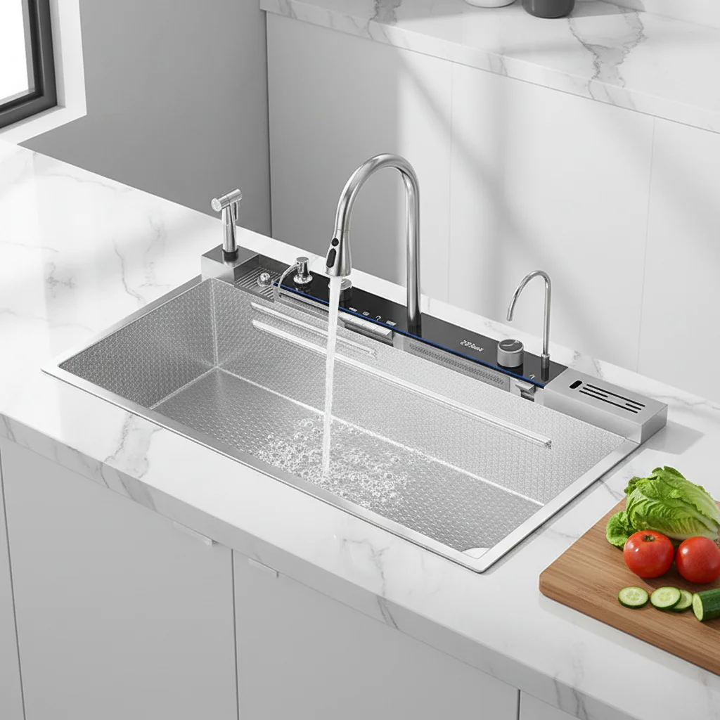 

100x50cm Modern 304 Stainless Steel Nano Silver Kitchen Sink 1.0mm Single Bowl with LED Digital Waterfall Integrated Faucet