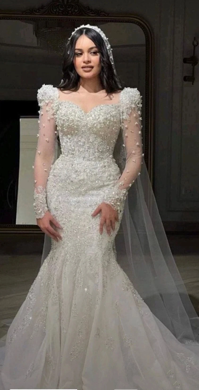 Luxurious Mermaid Lace Bead Women's Wedding Dress Sexy Sweetheart Transparent Long Sleeve Waist Bridal Dress Customized