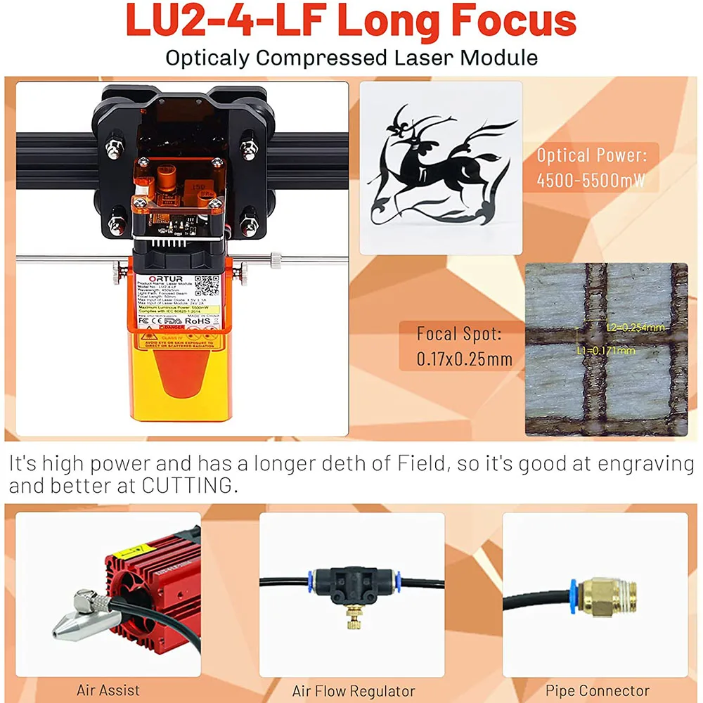 ORTUR Large Power Real 2W(LU2-2) 5W 10W LU2-10A Air Assist Laser Module Thought 15mm Wood By One Pass Professional Cutting Tools