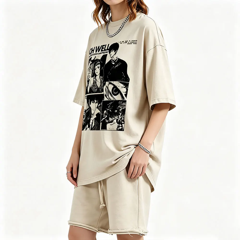 Washed Vintage Anime Cowboy Bebop Faye Valentine Spike Spiegel Oh Well Whatever Happens Happens T-shirts Men Oversized T Shirts
