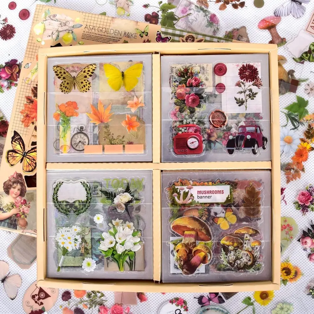 

510-Piece Vintage Floral & Nature Scrapbook Stickers Set - Maple Leaves, Mushrooms, Transparent Waterproof for Aesthetic Journal