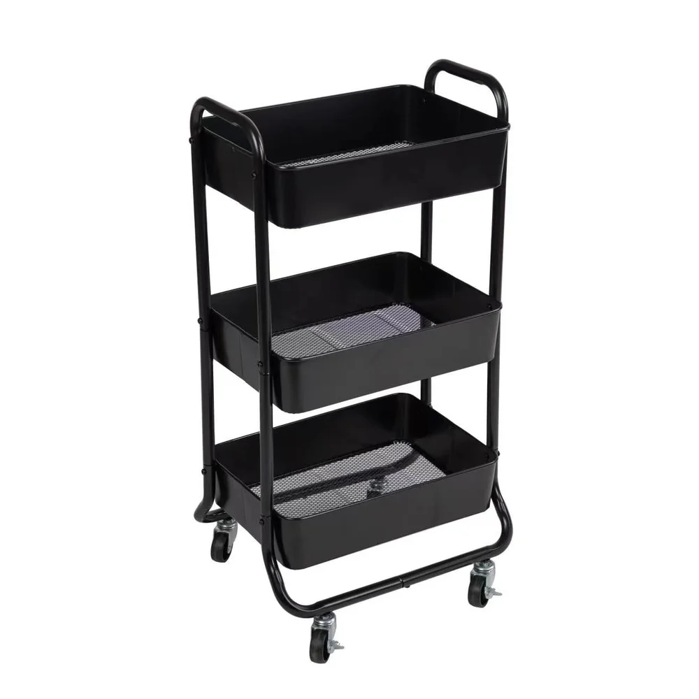 3 Tier Metal Utility Cart Rolling Storage Solution Durable Frame Locking Wheels Versatile Use Kitchen Office Bathroom Tool