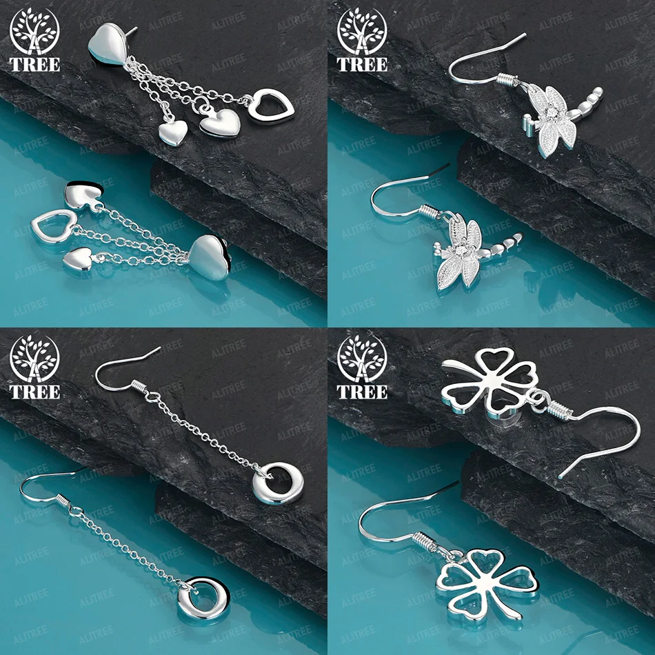

Fine 925 Sterling Silver Heart Dragonfly Four Leaf Clover Round Drop Earrings Cute Jewelry Gift Accessories Birthday Party