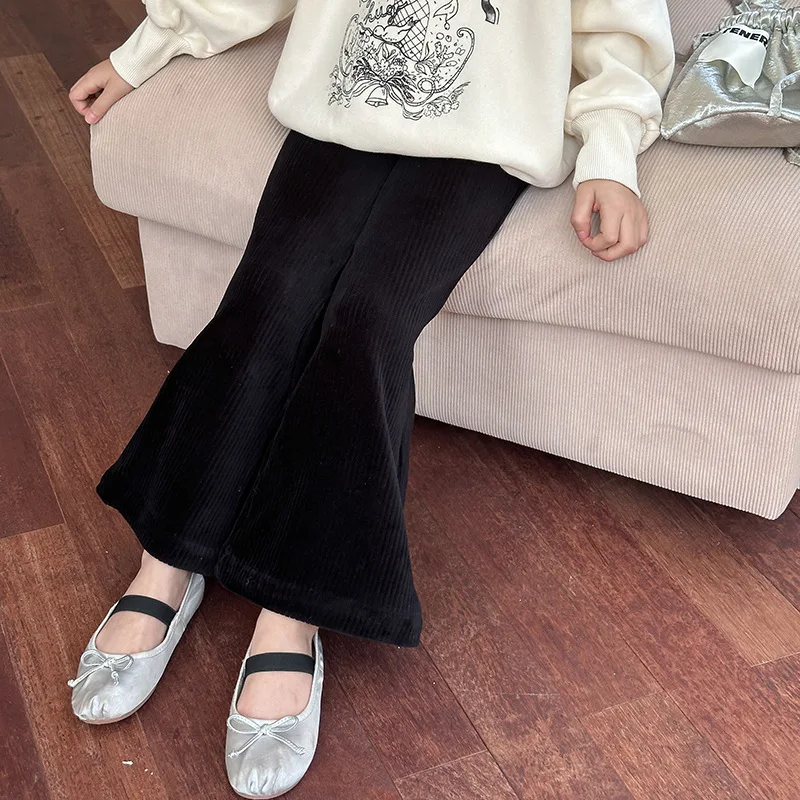 Children Clothes Kids Casual Pants 2024 Autumn Girls Vintage Corduroy Bell Bottoms Solid Color Full Length Kids Simple Pants