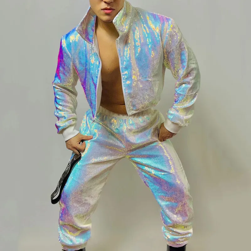 Fato de dança masculino, roupa de duas peças, tops de lantejoulas com glitter masculino, calças, bar, clube, festa, rave, bailarino, roupa de palco