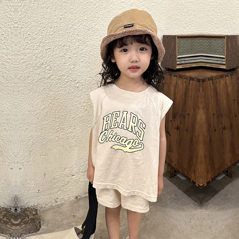 Summer Cool Sets Boys Thin Breathable Vest Fashion Letter T-shirt Children Girl Cotton Tops+ Solid Loose Cotton Shorts Tracksuit