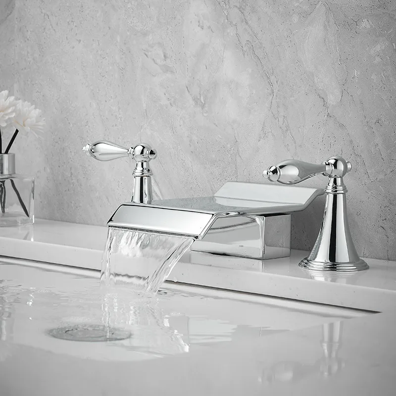 حوض غسيل أوروبي ثلاثي الفتحات من النحاس بالكامل، حوض غسيل للمياه الساخنة والباردة، خزانة حمام، صنبور شلال مقسم #2