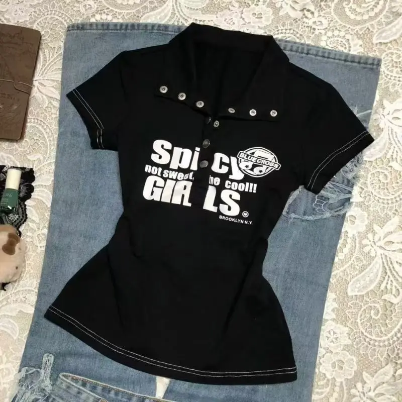 여름 신상 반팔 라펠 슬림 티셔츠 여성 디자인 헵번 Y2k 프린트 탑 여성 고딕 빈티지 스키니 핫걸 블라우스