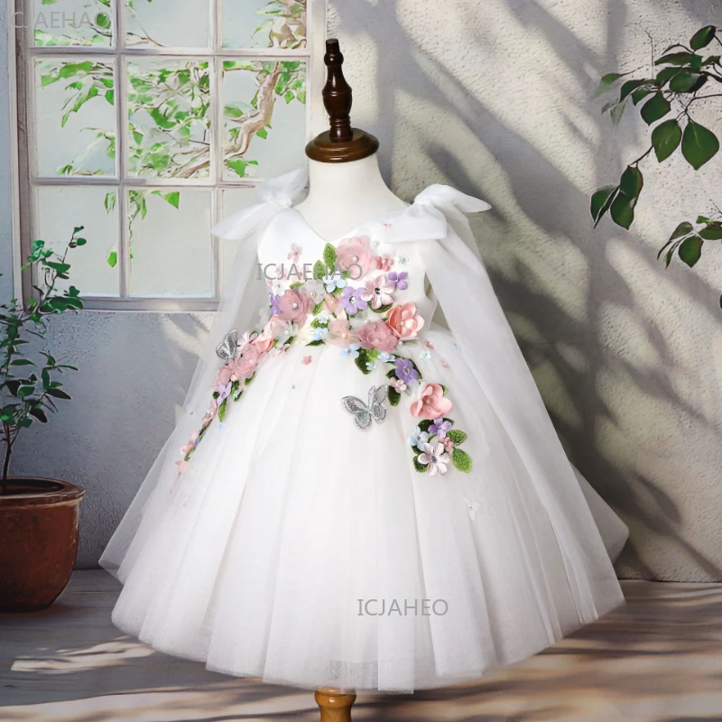 

White Kids Puffy Skirt First Birthday 3D Floral Applique Flower Formal Party Celebration Dress Clothes Girl Girls Princess Gown