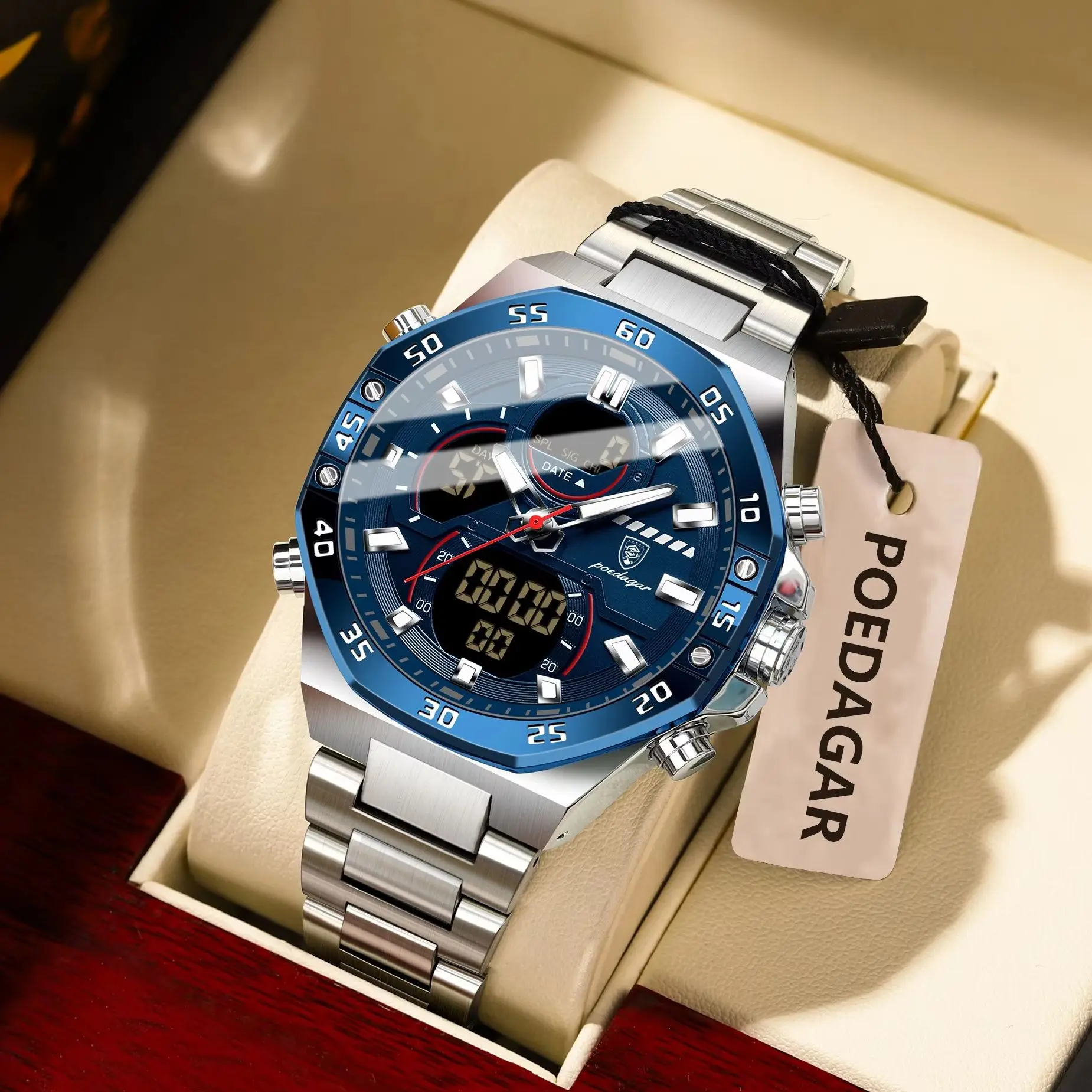 POEDAGAR Top Men Clock LED Luminous Waterproof Week Date Alarm Man Watch Stainless Steel Quartz Fashion Electronic Men's Watches