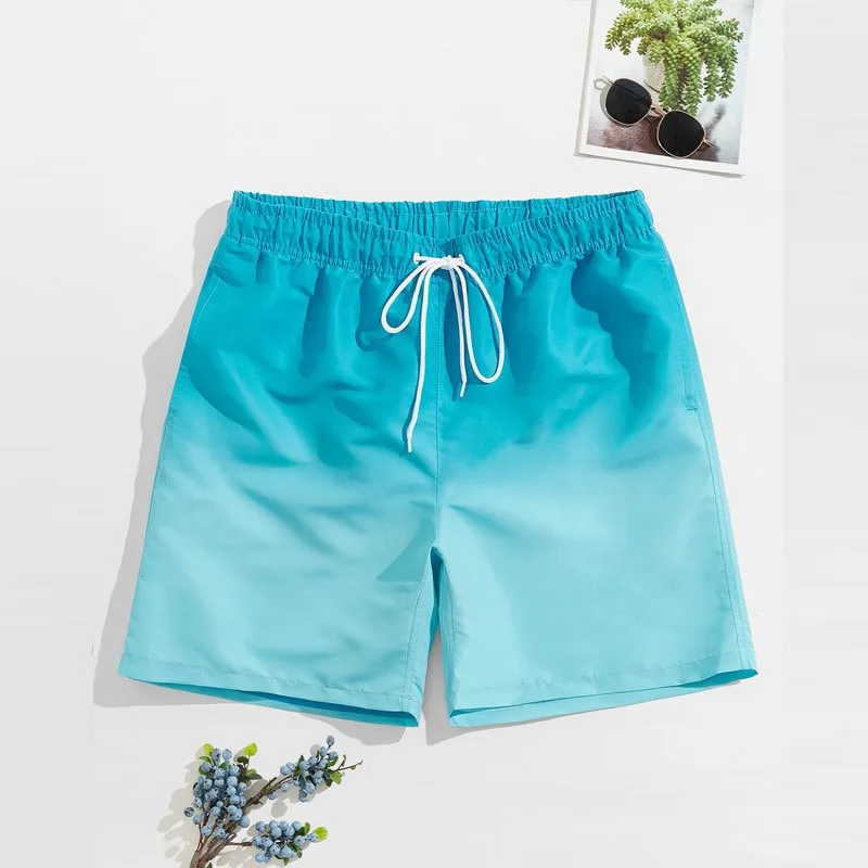 Calça de praia masculina cor gradiente, calça de banho de secagem rápida, shorts masculinos casuais soltos, estilo moderno e bonito