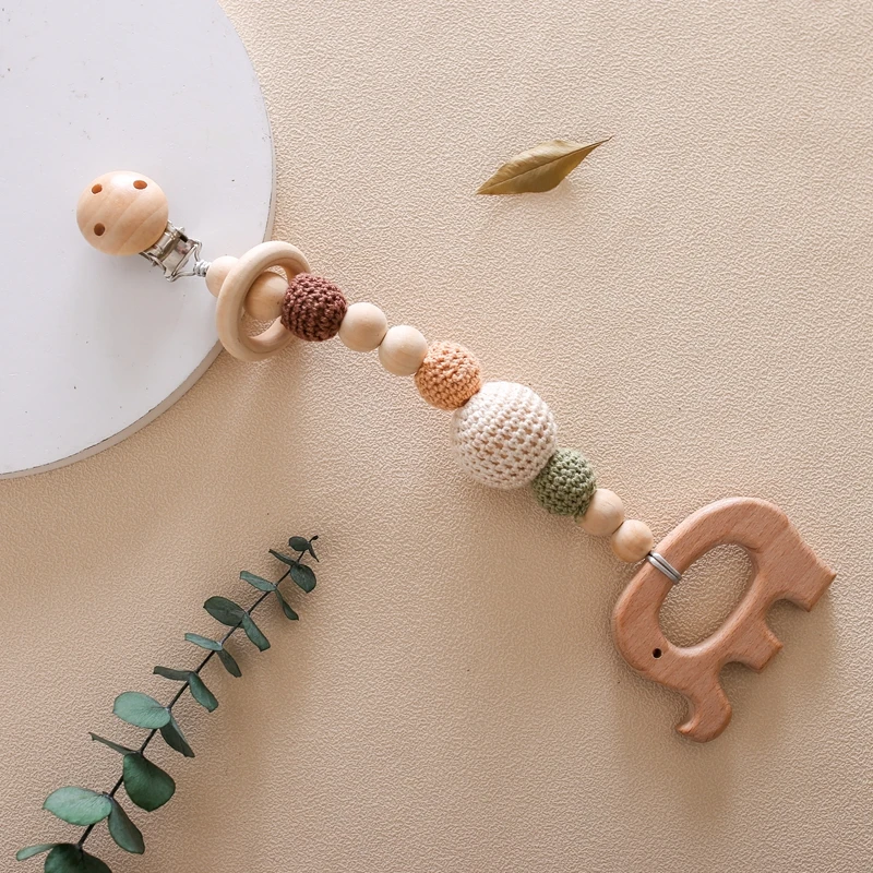 Baby Pacifier Chain Clips Wooden Crochet Beads Teething Chain Newborn Teether Soother Holder Anti-Drop Clips Baby Pacifier Clips