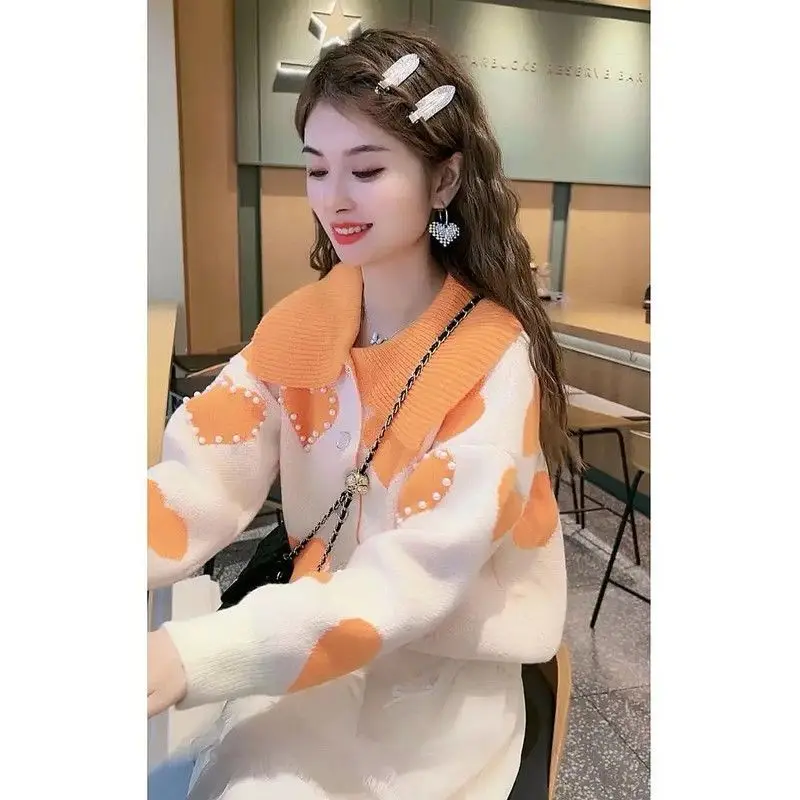 Fashion Peter Pan Collar Spliced Beading Cardigan Sweaters Women's Clothing 2023 Autumn Winter Oversized Knitted Sweet Warm Tops