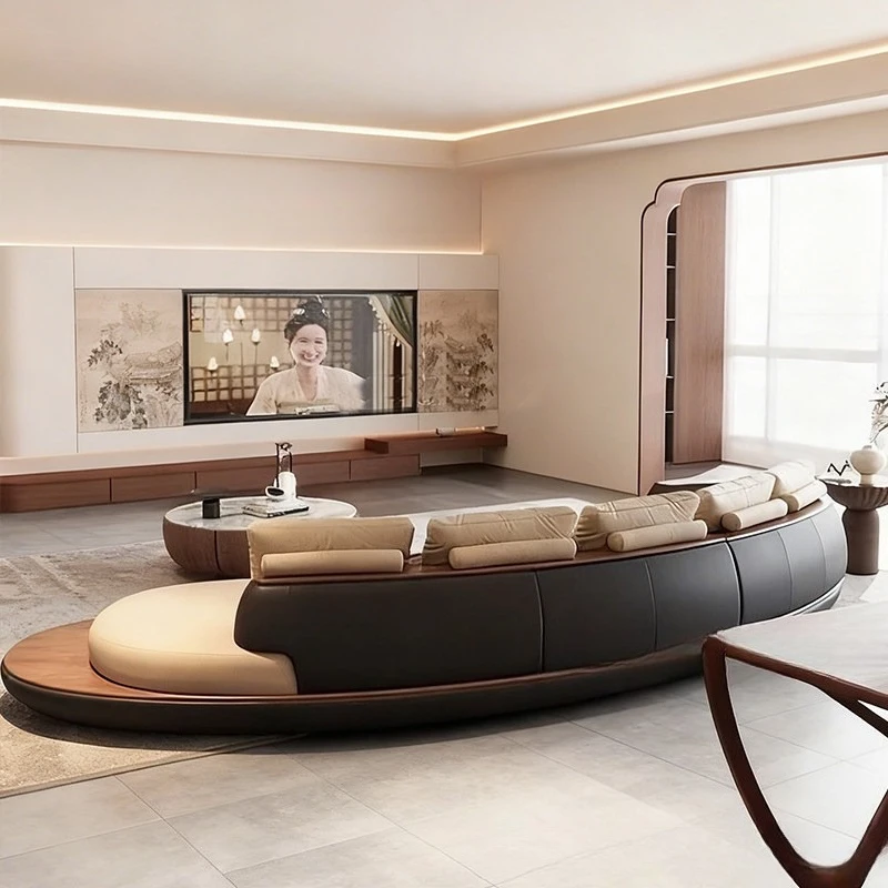 Modern medieval style moon curved platform sofa leather walnut creative semicircle living room wabi sandy wind