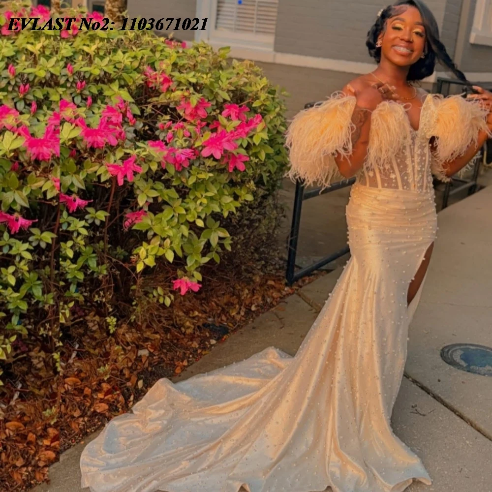 

EVLAST Customized 2025 Mermaid African Prom Dress Black Women Pearls Beaded Feather Party Asoebi Wedding Guest Gowns E2P474