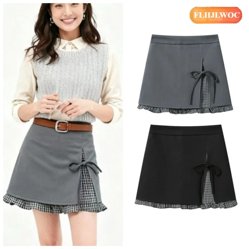 Blazer Design Skirts New 2026 Spring Summer Cute Girls Preppy Style Mori Girls Bow Tie Patchwork Fake 2-Pieces Plaid Mini Skirt