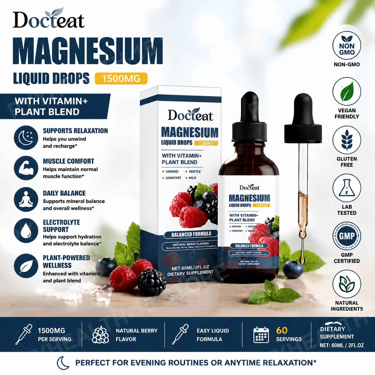 Gotas Líquidas de Magnesio, Complejo de Magnesio con L-Teanina, Potasio, Vitaminas B6, C, D3 y K2, Sabor a Bayas, 60 mL, Apoyo Diario