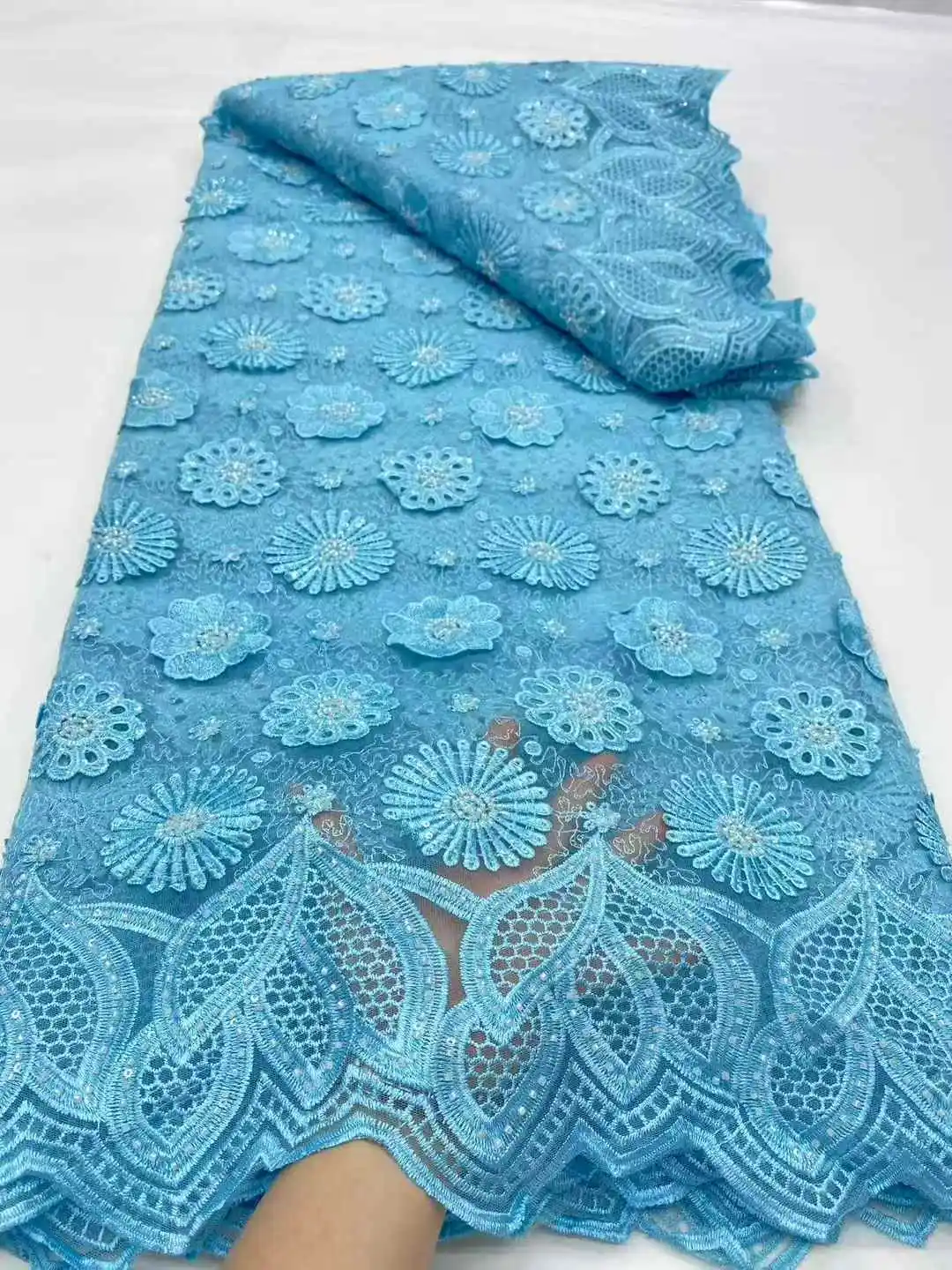 3D Flowers In Blue French Lace Fabric 2025 High Quality Lace Net African Lace Fabric With Sequins Beaded Lace Fabric For Wedding