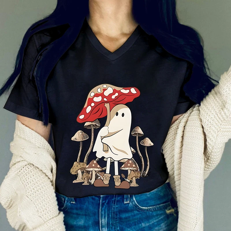 Cute Ghost Mushroom Graphic T Shirts Women Cute Ghost Fashion Essential Short Sleeve T-shirt Funny Mushroom Print Summer T-shirt