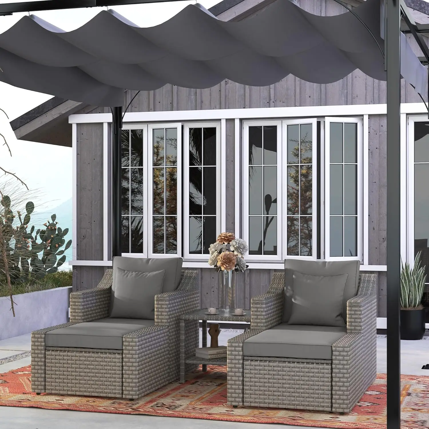 Patio Furniture Set, All Weather PE Rattan Conversation Chair, and Ottoman Set with Coffee Table, Cushions & Pillows Included