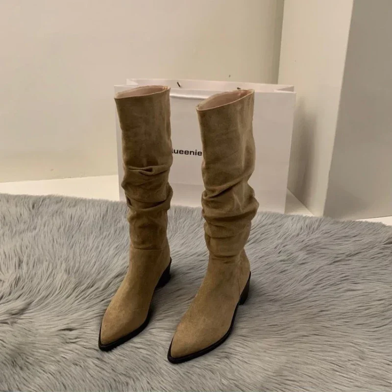 Winter Vintage Slimming Women's Boots Fleece-lined Knight Boots High Heel Women's Shoes Petite Khaki Long