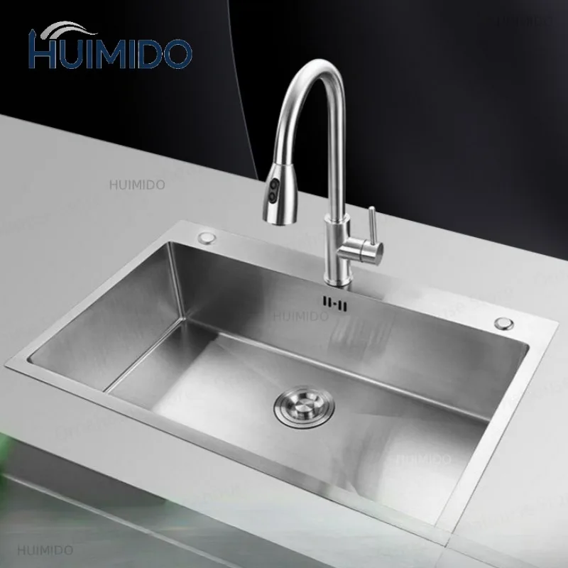 Brushed Stainless Steel Kitchen Sink 3-hole Single Slot Home Improvement Single Slot with Drains Cold and Hot Water Mixer