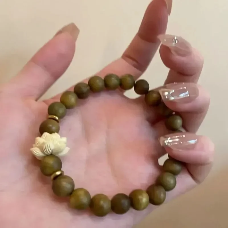 로터스 샌달우드 뱅글 우드 비즈 스트랜드 팔찌 그린 천연 샌달우드 팔찌 탄성 수공예 묵주 쥬얼리
