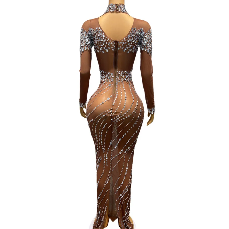 Sparkly Big Rhinestone Transparent brown skin Long Dress Evening Birthday Celebrate Luxurious Costume Dancer Flashing Dress