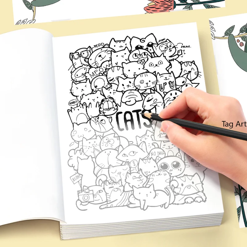 A Hand Drawn Graffiti Book for Adults To Focus on Calming Down Anxiety, Featuring Themes Like Cats/monsters/food/flowers/animals