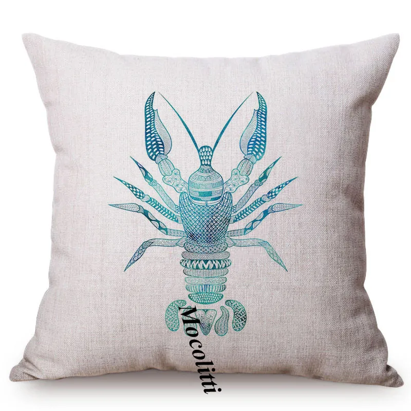 Blue Ocean Animal Sea Turtle Conch Watercolor Sofa Decorative Throw Pillow Case Lobster Sea Horse Shell Pattern Cushion Cover