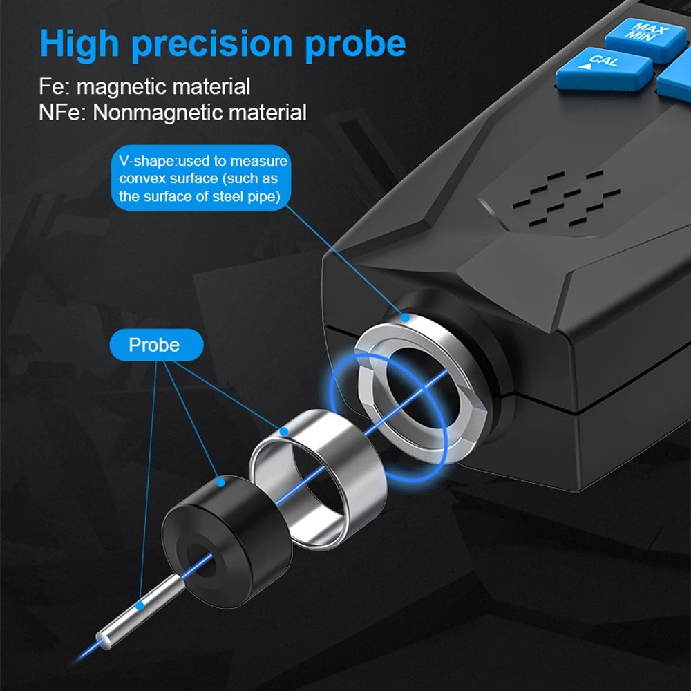 CT02 Digital Thickness Gauge for Automotive Paint Coating Measurement on Metal Substrates LCD Display ABS Construction