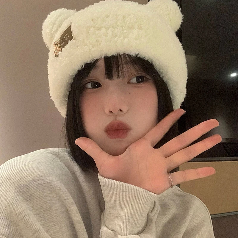 Women Solid Color Knitted Cute Bear Ears Wool Hat Plush Little Bear Wool Hat Metal Label Knitted Plush Thickened Ear Protect Hat