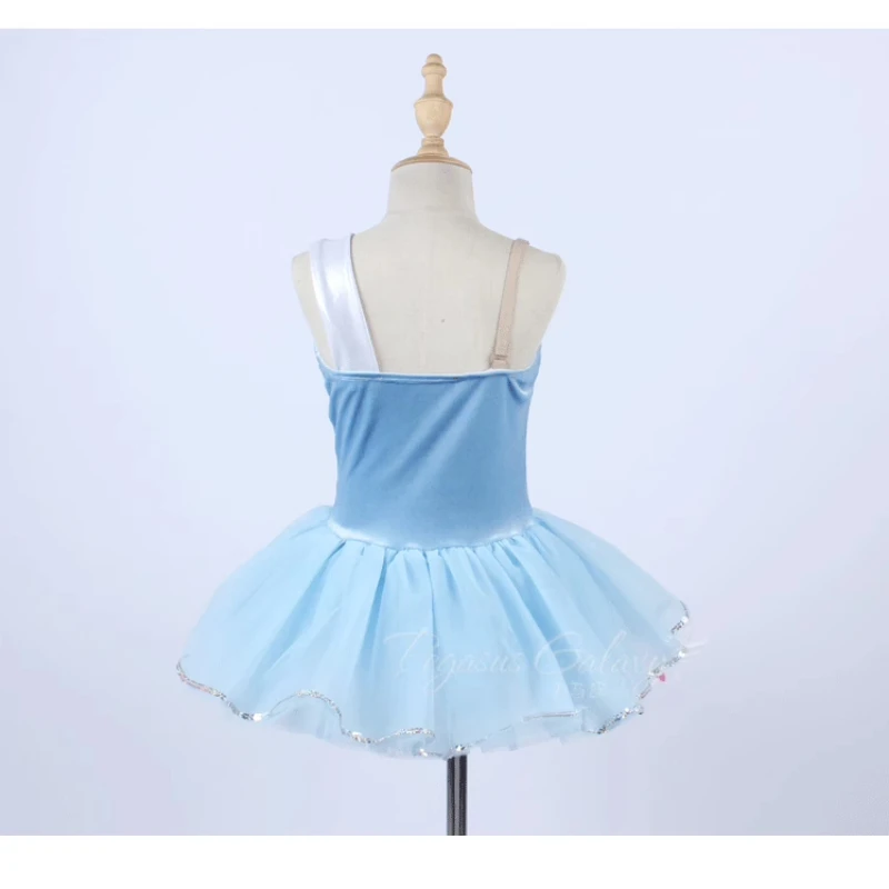 Vestido tutu de balé para meninas, bainha com lantejoulas, vestidos de veludo azul, suspensórios para crianças, strass, performance de palco de balé, roupa de dança