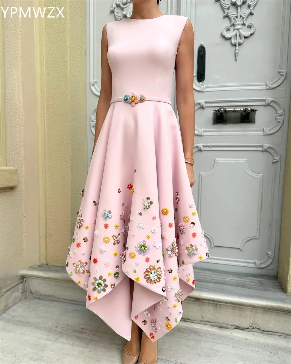 Customized YPMWZX Scoop Neckline A-line Floor length Skirts Draped Sleeveless Applique 3D Flower Bespoke Occasion Dresses